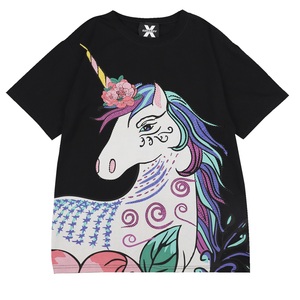 edhardyx潮牌夏季独角兽烫钻黑色宽松潮流短袖t恤情侣款夏款上衣