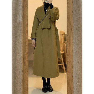 高级感大翻领橄榄绿色双面羊绒大衣女秋冬加厚韩系赫本风毛呢外套