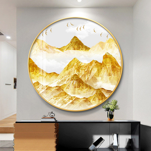 芬奇工艺旗舰店天猫现代简约玄关装饰画背靠金山圆形晶瓷画客厅背景