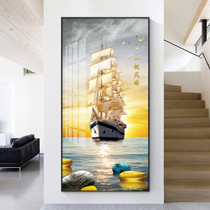 现代简约入户玄关装饰画一帆风顺海景帆船墙壁画走廊过道竖版挂画