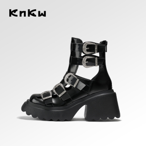 knkw凉靴女2024夏季新款高跟镂空马丁靴罗马鞋高筒黑色厚底机车靴