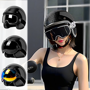 骑士碳纤维复古半盔巡航机车摩托车头盔男女四分之三轻壳体黑色盔