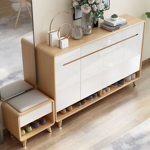 原木风鞋柜家用门口可坐式带换鞋凳简约现代烤漆实木色进门入户