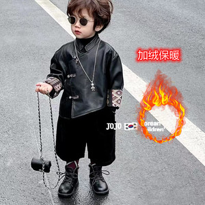 儿童皮衣外套加绒2023新款宝宝男童女童春秋韩版皮夹克机车服套装