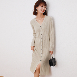 v领羊绒开衫连衣裙女秋冬中长款宽松显瘦毛衣外套长袖外搭针织衫