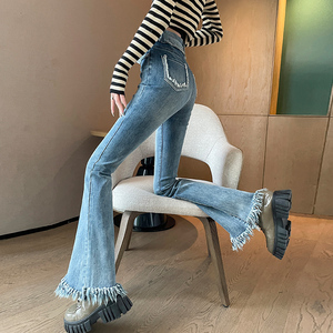 流苏微喇牛仔裤女2023春秋季新款高腰显瘦九分小个子喇叭裤子女秋