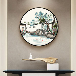 吴冠中江南水乡水墨画新中式山水画客厅装饰画餐厅玄关圆形挂饰画