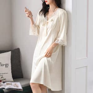 canary kiss白色真丝睡裙女高级感夏款七分袖长款法式家居服冰丝
