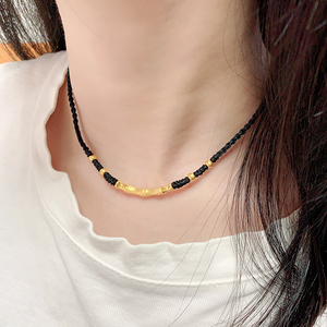 黄金竹节弯管项链男女999足金步步高升锁骨链编织绳纯金吊坠送礼