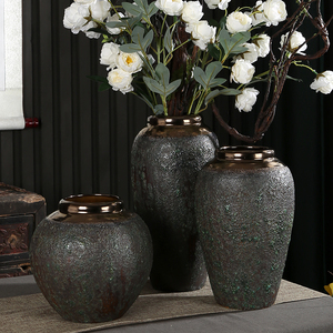 景德镇陶瓷器 复古落地花瓶手工仿古粗陶罐花器做旧绿釉花瓶摆件