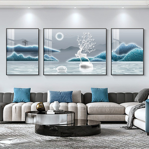 福鹿山水客厅装饰画轻奢高级感沙发背景墙蓝色抽象三联挂画墙壁画
