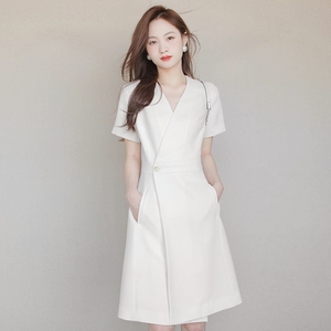 剪标外贸出口韩国日系原单女装高级感女装收腰气质白色连衣裙子夏
