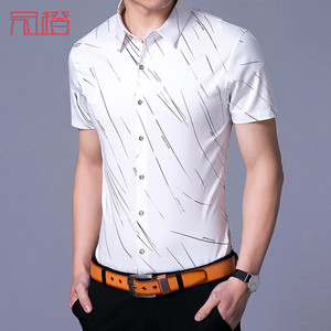 冠橙中年男士花衬衫短袖冰丝衬衣爸爸老头碎花色深色雪纺半袖开衫