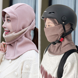 骑车保暖帽子女冬季电瓶电动车防风帽头套围脖一体帽子头盔内胆帽