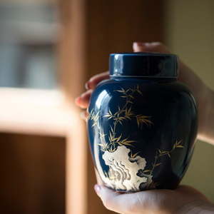 四夕窑茶叶罐半斤陶瓷罐茶仓纯手工霁蓝描金茶具密封储存罐