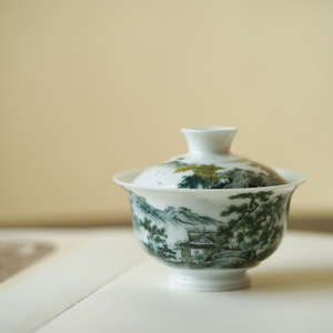 四夕窑仿清釉下五彩精工写意山水兩才普洱盖碗景德镇手工陶瓷茶具