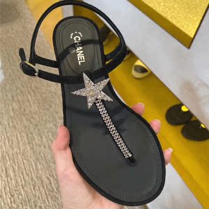 chanel/香奈儿 20春夏水钻星星钉钻夹趾细带平底时尚凉鞋沙滩鞋女