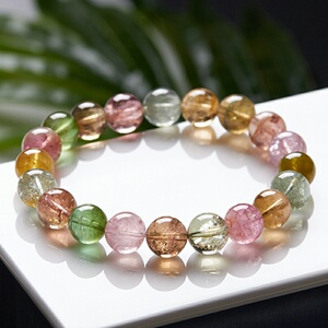 时尚望夫石民族宝石单圈巴西碧玺单多圈彩虹渐变色冰激凌手链珠串