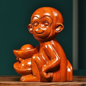 木雕手把件创意客厅装饰雕刻工艺品可爱生肖摆件猴子抱桃nicegirl