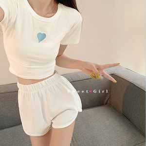 夏季紧身款睡衣女短袖露脐上衣修身纯棉睡衣女士可外穿家居服套装