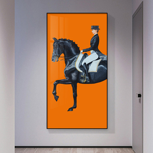 爱马仕橙入户玄关马术装饰画轻奢英伦风骑士竖版挂画过道走廊壁画