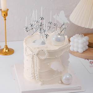 网红女神蛋糕装饰白珍珠蝴蝶结镀银蜡烛台摆件仙女款生日烘焙插件