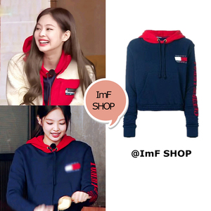 imf定制 jennie同款美秋里tommy拼色徽章短款连帽加绒卫衣 金智妮