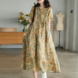 品牌专柜正品女装撤货尾款清仓复古印花棉麻连衣裙大摆苎麻沙滩裙