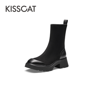 KISSCAT接吻猫弹力袜靴2023冬国内代购中筒复古女长靴KA43548-50