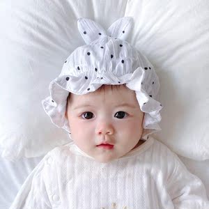 三个月宝宝帽子春天婴儿薄款花边渔夫帽可爱超萌兔耳朵婴幼儿遮阳