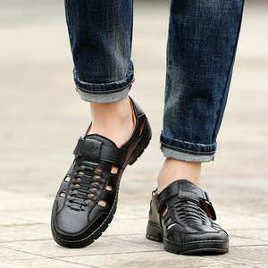 千里狼男鞋夏季凉鞋真皮镂空打孔透气休闲皮鞋套脚软底爸爸洞洞鞋