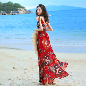 波西米亚长裙三亚海边度假沙滩裙超仙绝美海滩拍照雪纺吊带连衣裙