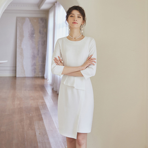 圆领白色职业装连衣裙女讲解员服装秋季礼仪接待美容院工作服高端
