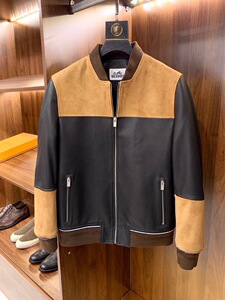 法国代购爱马仕hermes冬季新款男休闲夹克皮衣拼色棒球服立领外套