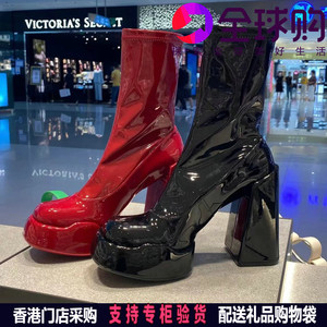 香港正品代购小ck粗高跟漆皮短靴女厚底方头弹力瘦瘦靴女903