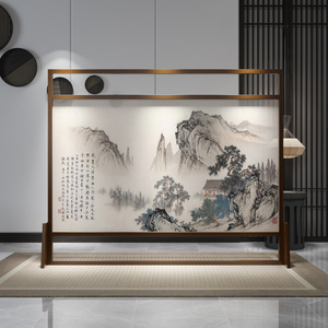 现代新中式实木屏风隔断客厅酒店茶楼办公室移动玄关国画山水座屏