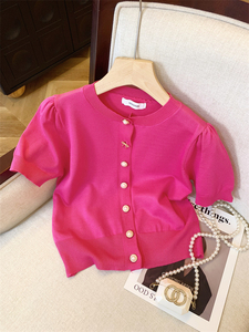 玫粉色短袖针织开衫女夏季款高级感钉珠单排扣外套短款正肩小上衣