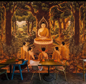 泰国佛像画墙纸释迦牟尼佛像佛教壁画泰式餐厅酒店饭店背景墙壁纸