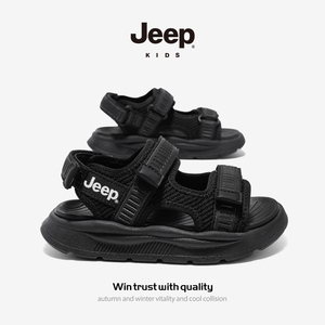 jeep男童运动凉鞋夏季2024新款魔术贴露趾软底防滑黑色儿童沙滩鞋