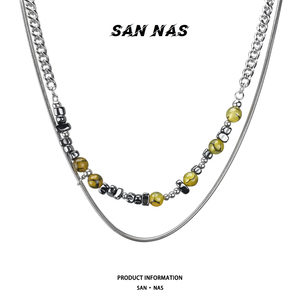 SANNAS 原创中式情侣款半宝石玛瑙钛钢项链中性双层叠戴拼接项链