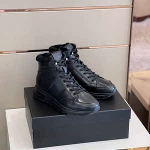 正品代购prada普拉达加绒加厚休闲保暖男鞋系带厚底高帮板鞋短靴