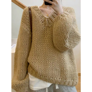 加厚毛衣女粗棒针线慵懒风宽松v领套头秋冬软糯系驼色棕色针织衫