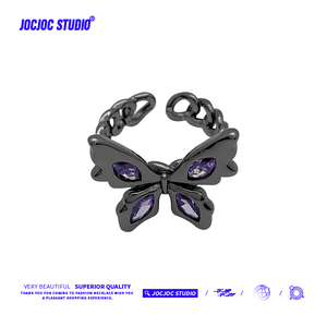 JOCJOC新款暗黑风紫钻黑色蝴蝶戒指小众设计感复古时尚精致手饰品