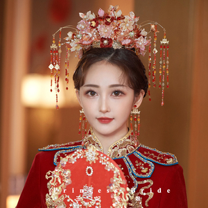 中式新娘凤冠头饰红色古风绒花琉璃古典汉服配饰品结婚秀禾服发饰