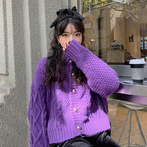 紫色毛衣仙女开衫秋冬外穿加厚上衣港风复古日系短款针织宽松外套