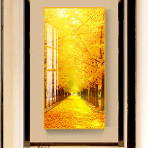 黄金大道玄关装饰画竖版入户壁画轻奢招财玄幻大气镶钻新晶瓷挂画