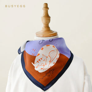 busyegg紫色睡觉猫咪儿童真丝小方巾女童围脖宝宝纱巾丝巾围巾薄