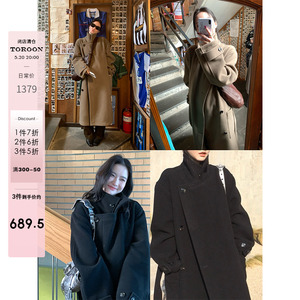 TOROON黑色立领休闲羊毛大衣女冬季新款廓型双面呢外套长款高级感