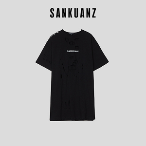 sankuanz上官喆中性黑色破洞logo印花短袖t恤
