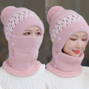 新款加绒针织帽女士围脖口罩连体帽子韩版学生骑车一体防寒帽冬天
